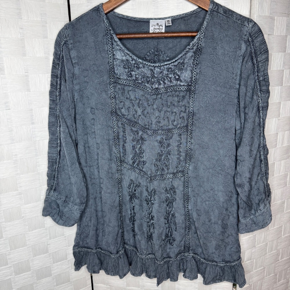 Parsley & Sage Charcoal Grey Embroidered Boho Ruffle Hem Blouse Top Womens M
